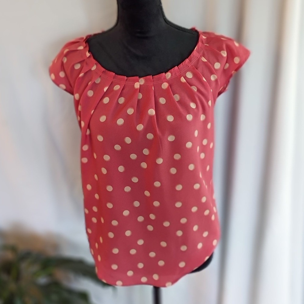 Lauren Conrad Pink Polka Dot Pleated Cap Sleeve Blouse Tie Back XS
